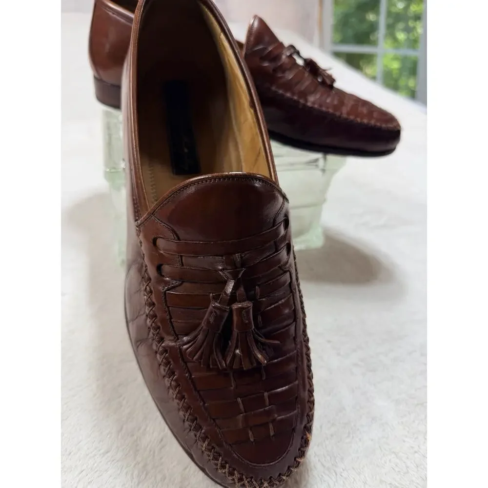 VTG Johnston & Murphy Italy Woven Leather Tassel Loafers Mens SZ 9 M Cognac